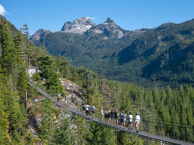 Sea to Sky Gondola suspension bridge with views of Sky Pilot and Howe Sound