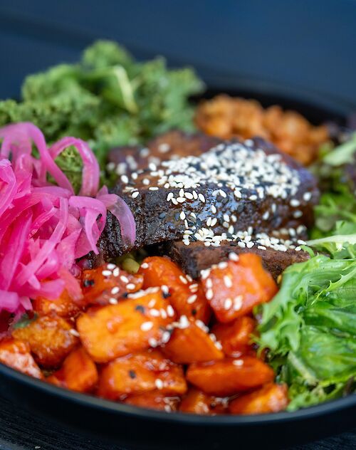 Refuel after hiking with the tasty Habrich Hikers Bowl at the Sky Pilot Smokehouse
