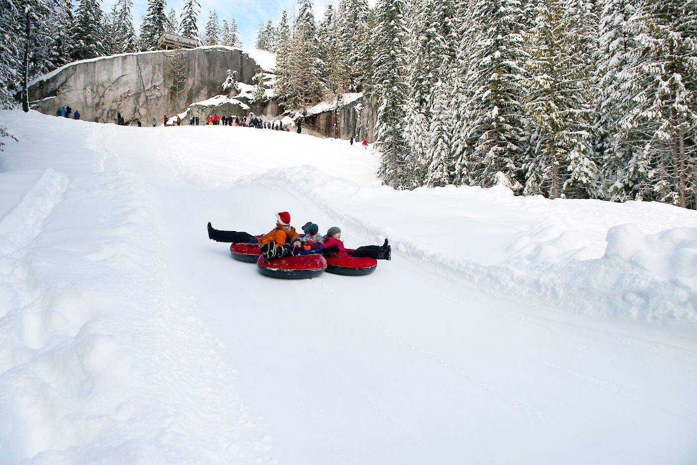 Fun times during the Winter tubing with friends and family at the Summit of Sea to Sky Gondola
