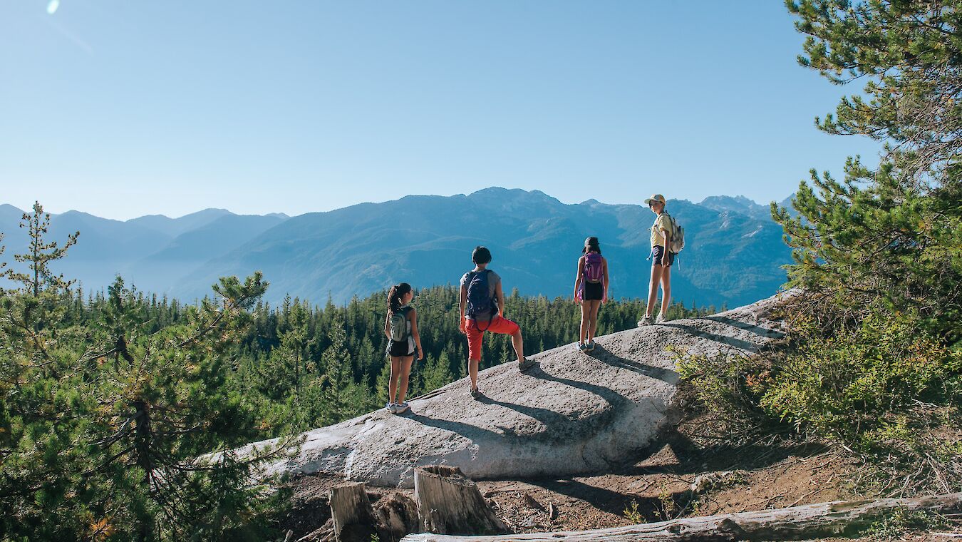 four hikers standing on a rock looking at the view