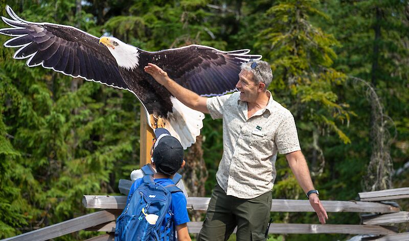 a guide and a boy looking at an eagle