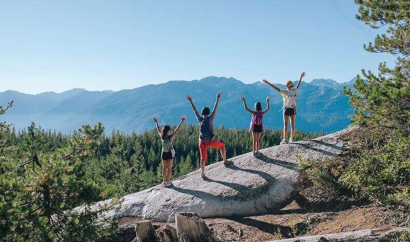 Four hikers posing in front of a view