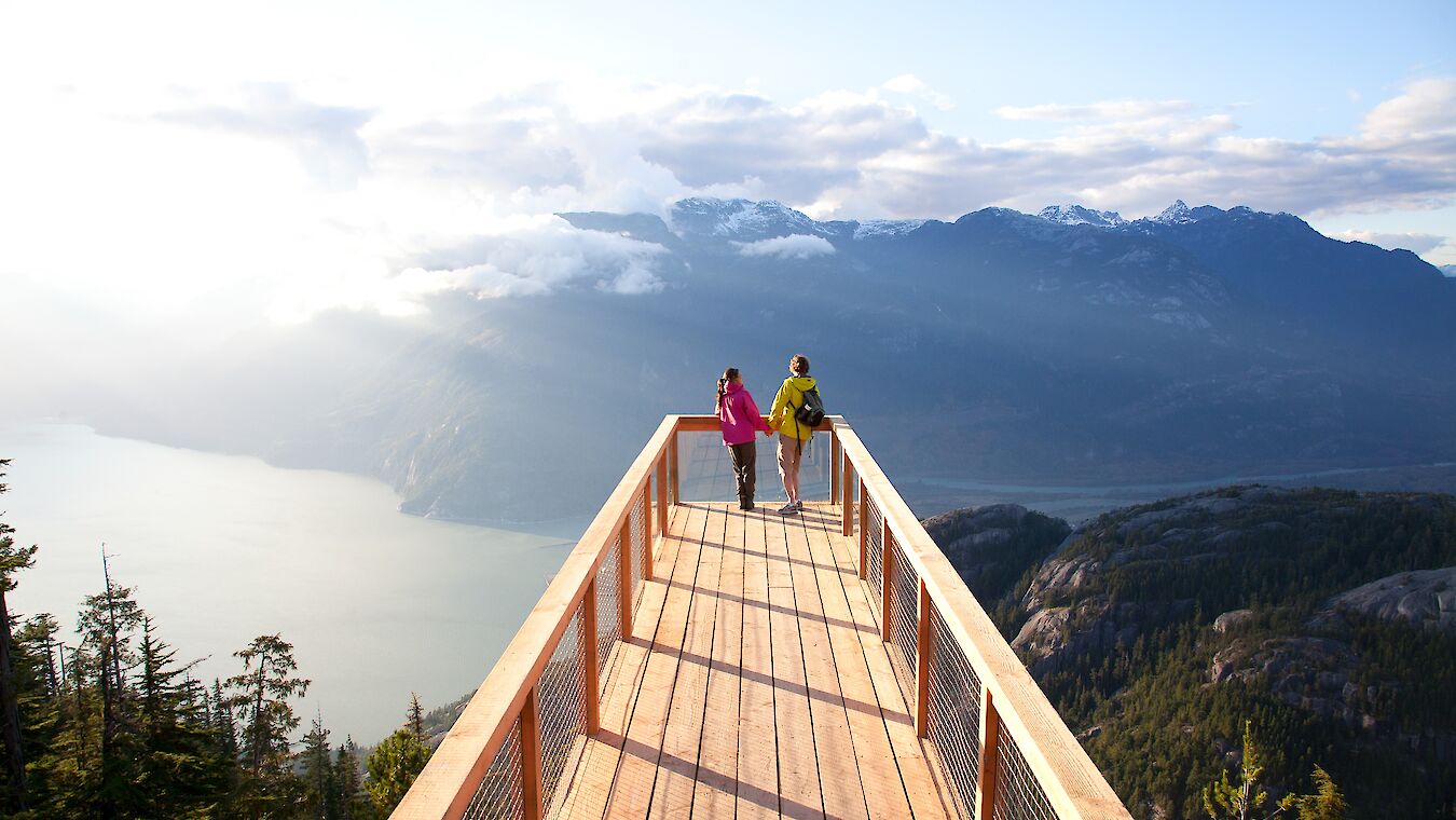 two people looking out at the view on a platform