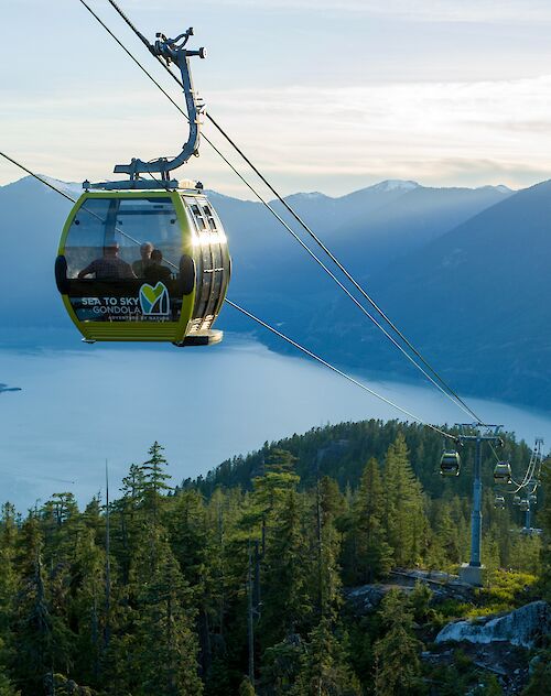 a gondola cabin with a ocean view in the background
