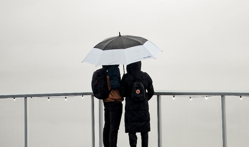 a couple standing under an umbrella looking into the clouds
