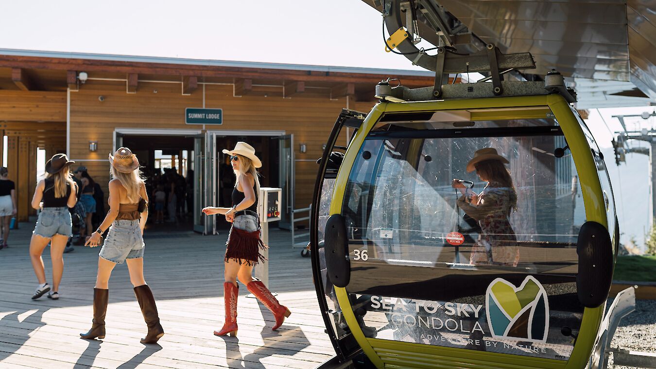 a group of girls walking off the gondola