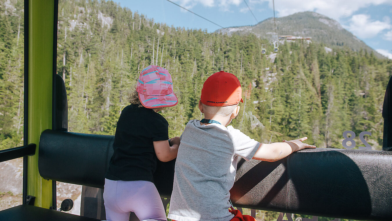 two kids riding up in a gondola