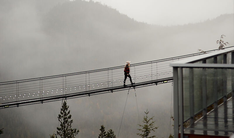 a person crossing the suspension bridge on a cloudy day