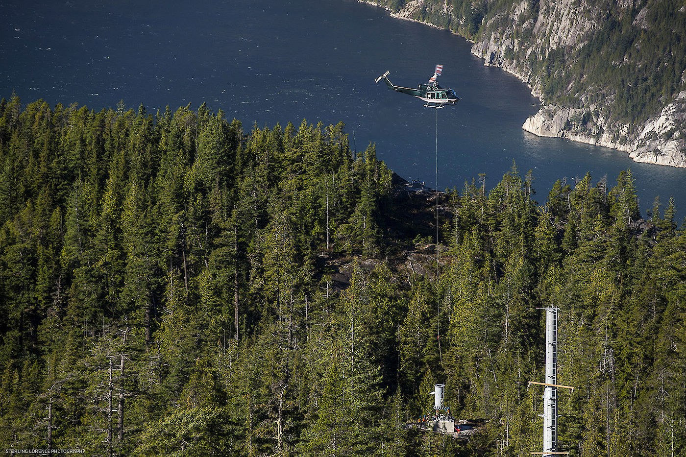 Flying the gondola tower tubes into place. Photo Credit Sterling Lorence